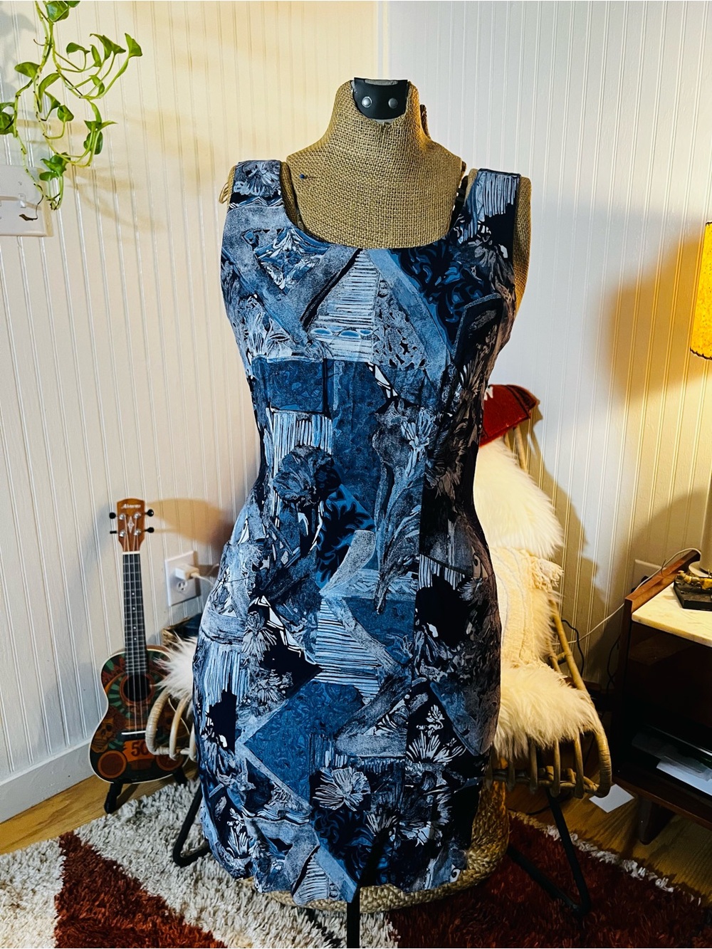 VTG Sleeveless Blue Floral Print Sheath Dress